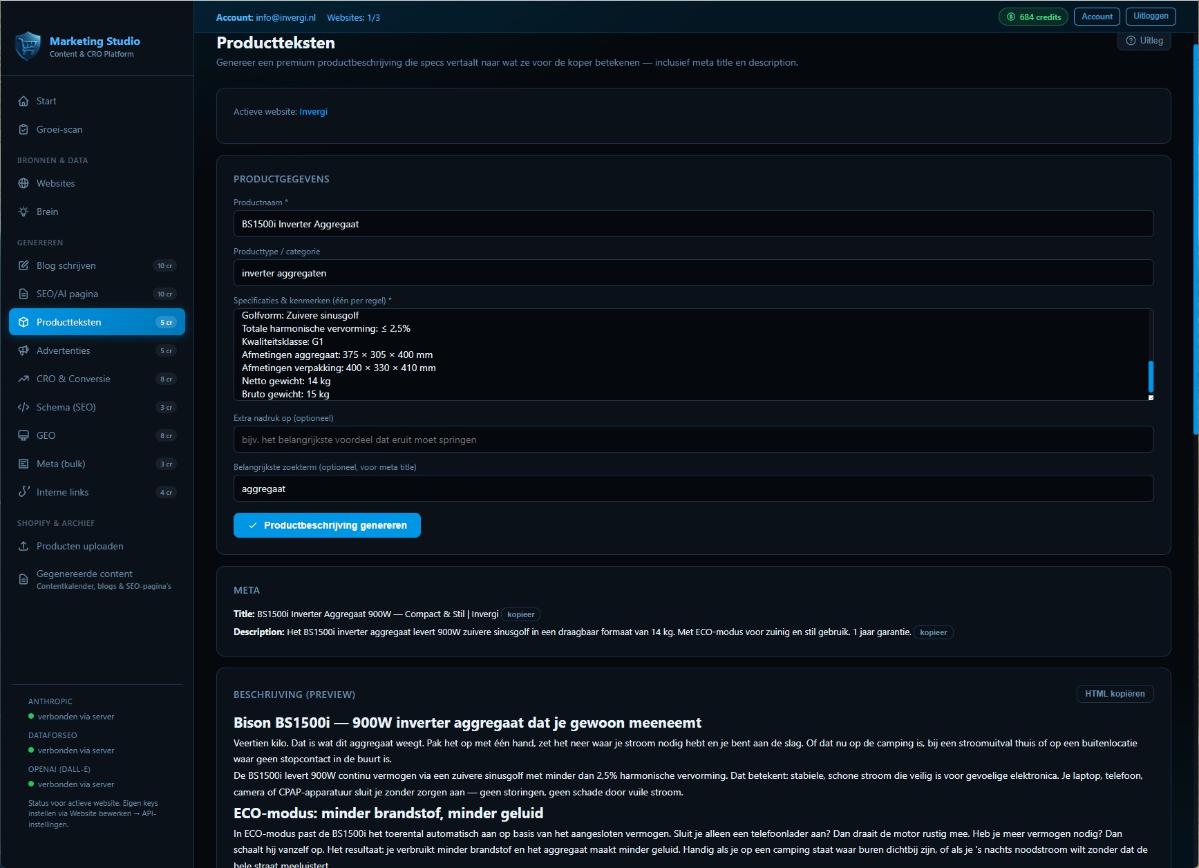 Productteksten-module met verkoopklare output voor Shopify